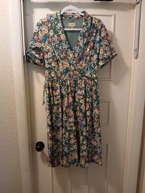 Lindy Bop Teal Floral Wrap Dress with Multi-Colored Blooms
